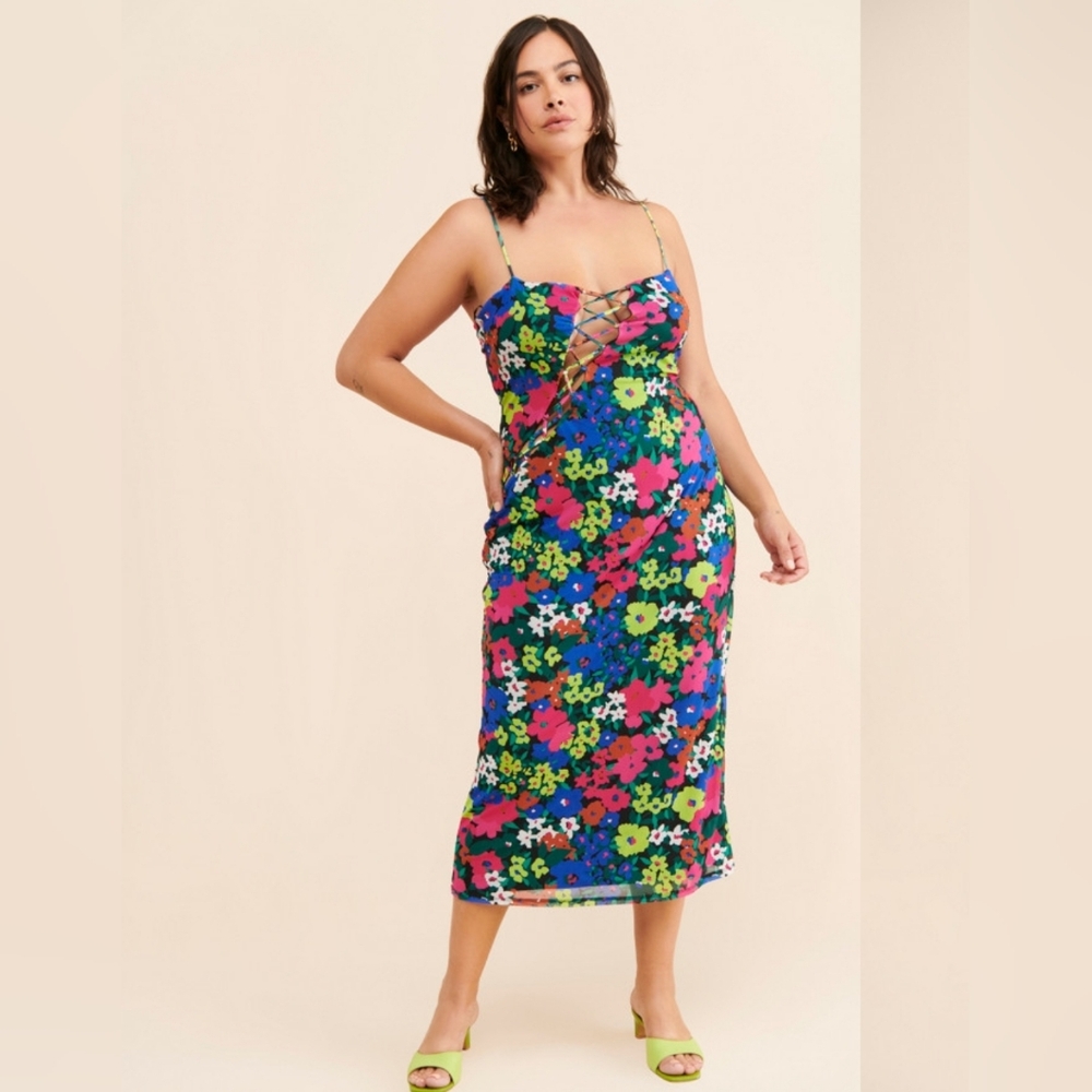 AFRM Jessi Mesh Midi Dress Lace Front‎ Floral Anthropologie Plus Size